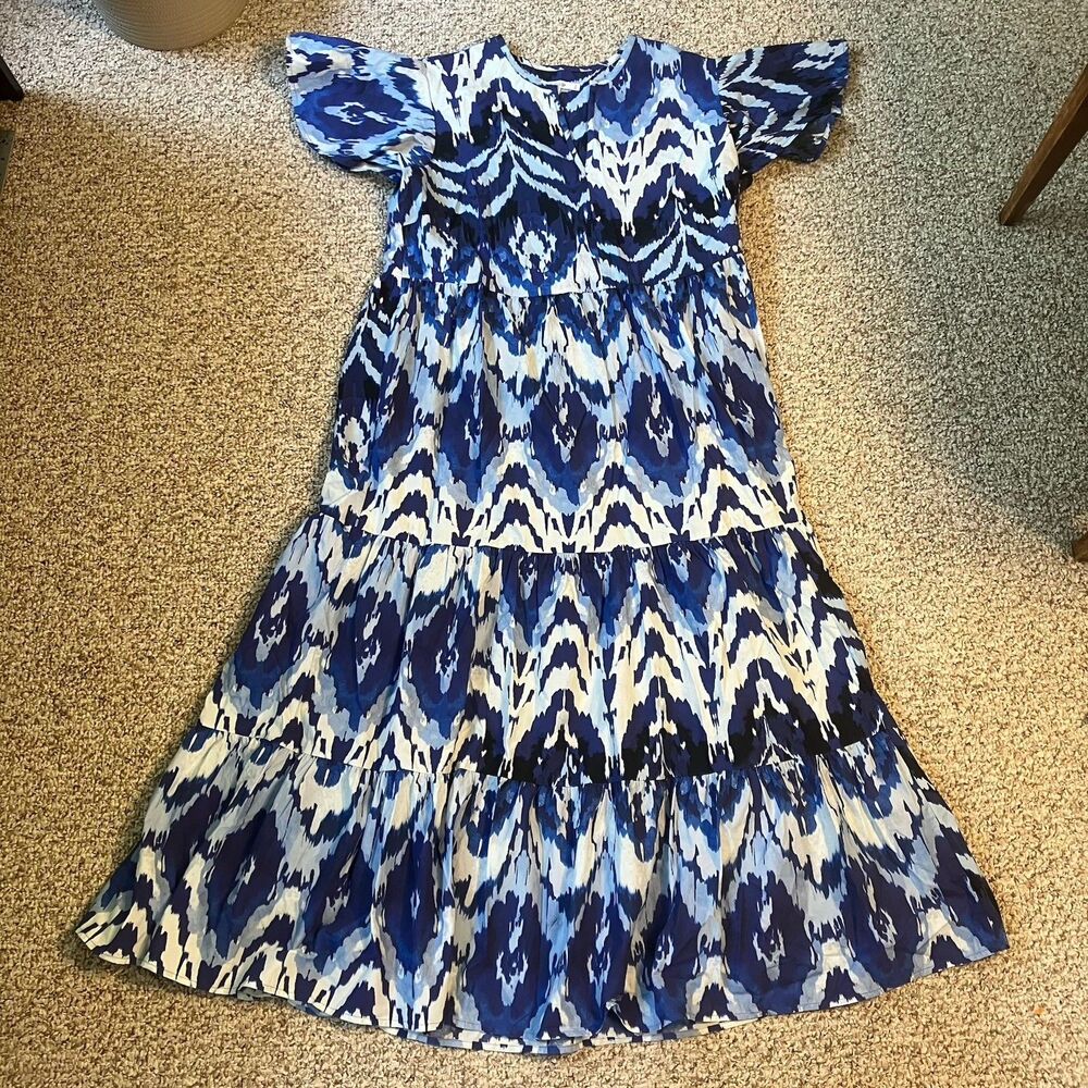 Chicos Womens Pima Cotton Tiered Maxi Dress Size 2 (US L) Ikat Blue Short Sleeve